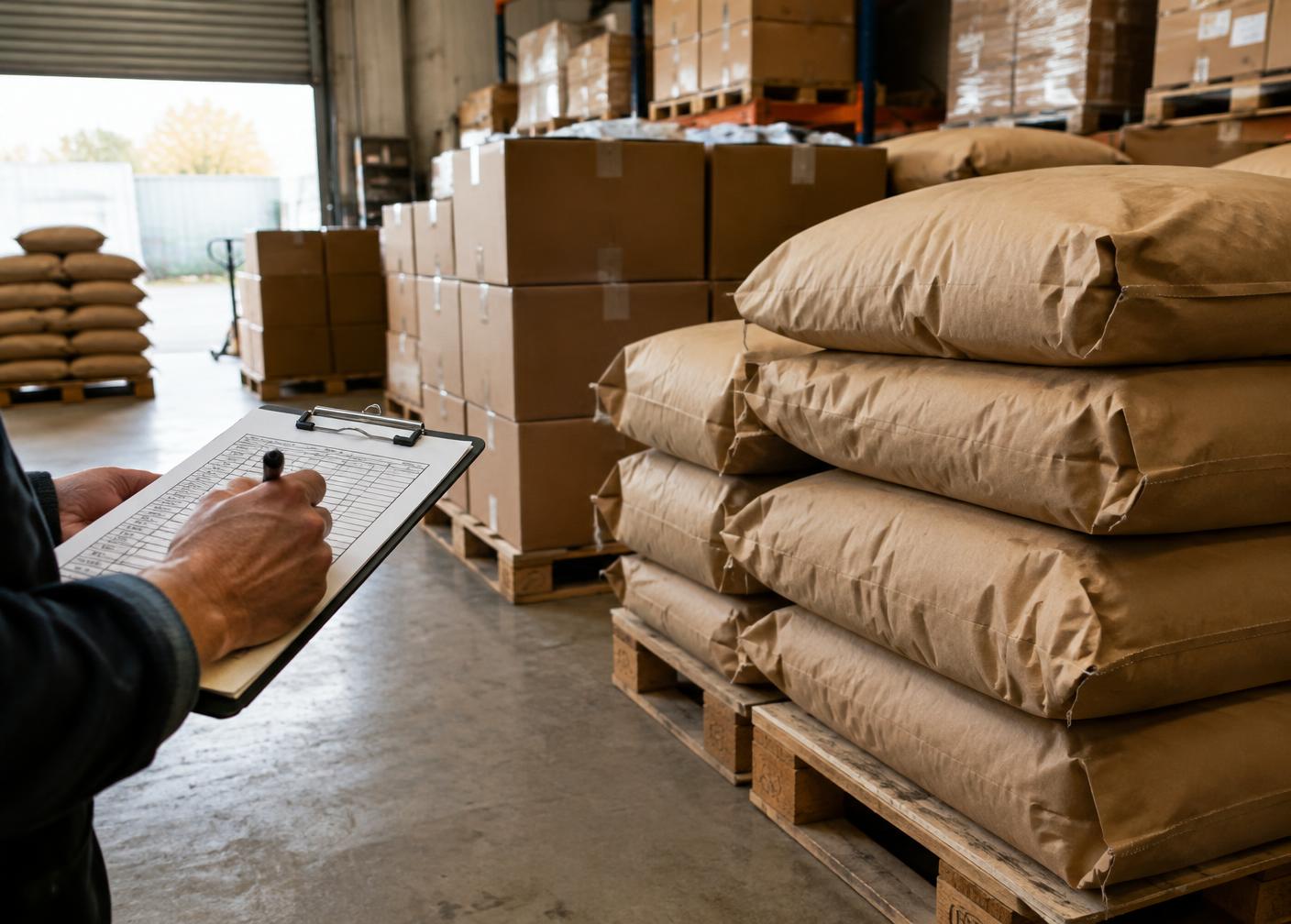 Palletised sacks and boxes in a wholesale warehouse