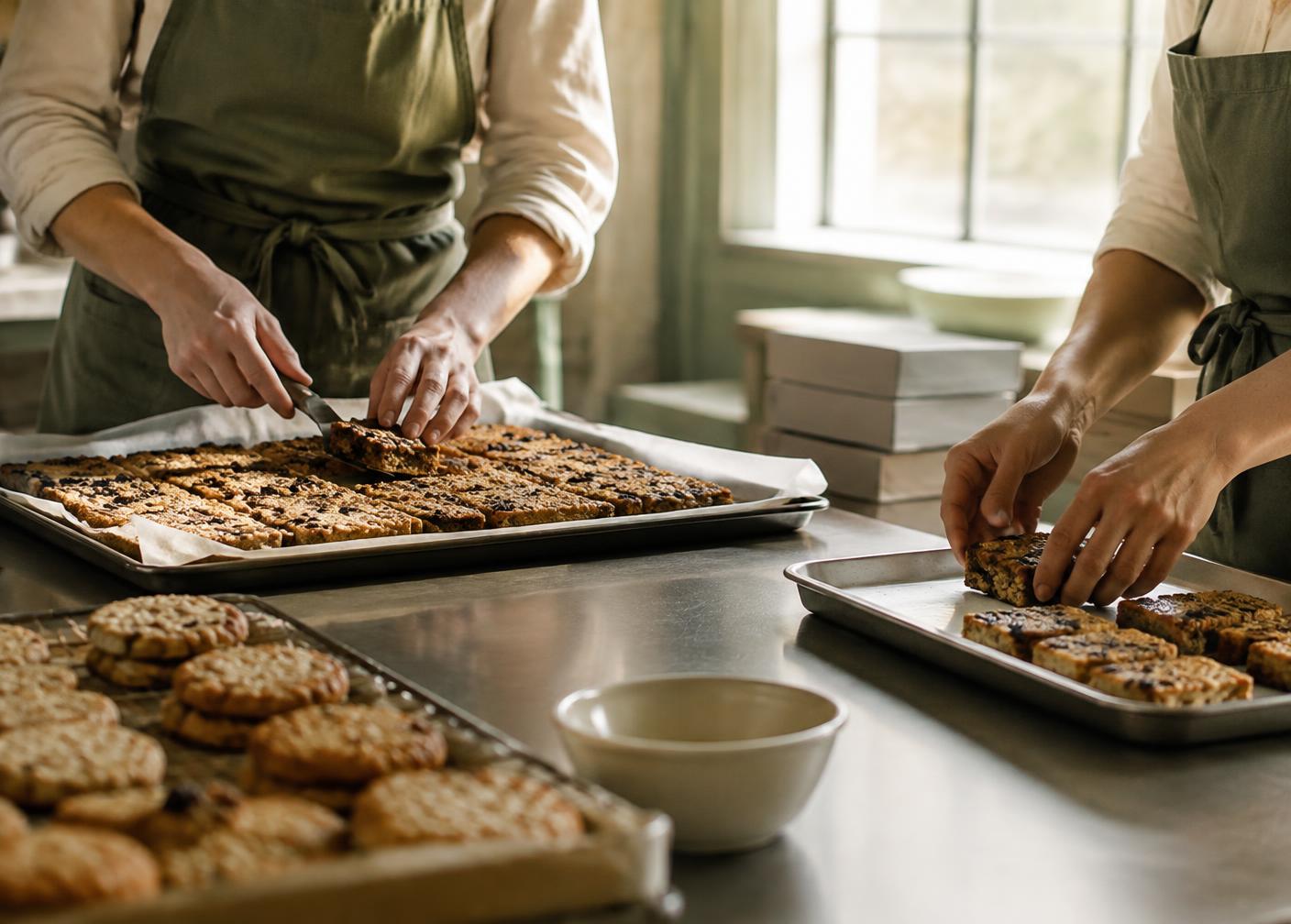 Bakers portioning baked goods on a steel bench